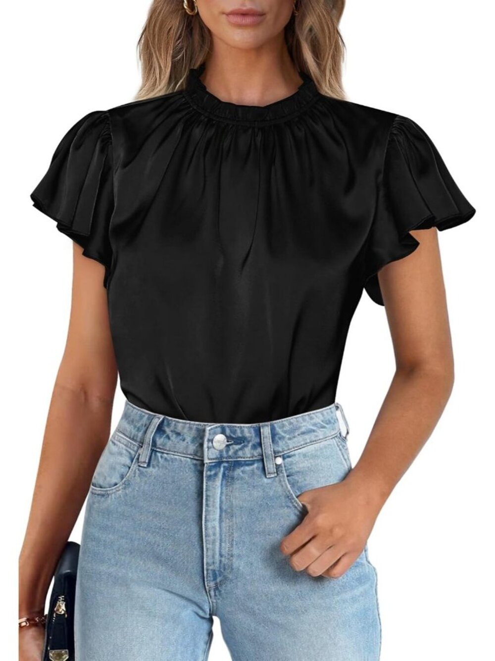 Women's Black Satin Blouse Ruffled Neck Flutter Sleeve Office Work Silk Top